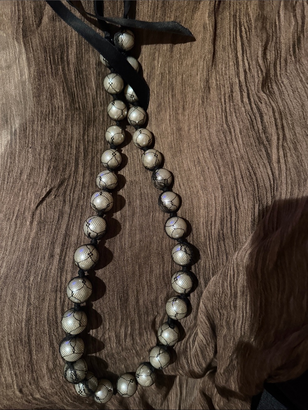 Chico's Cream Bead Necklace with Black Netting and Ribbon
